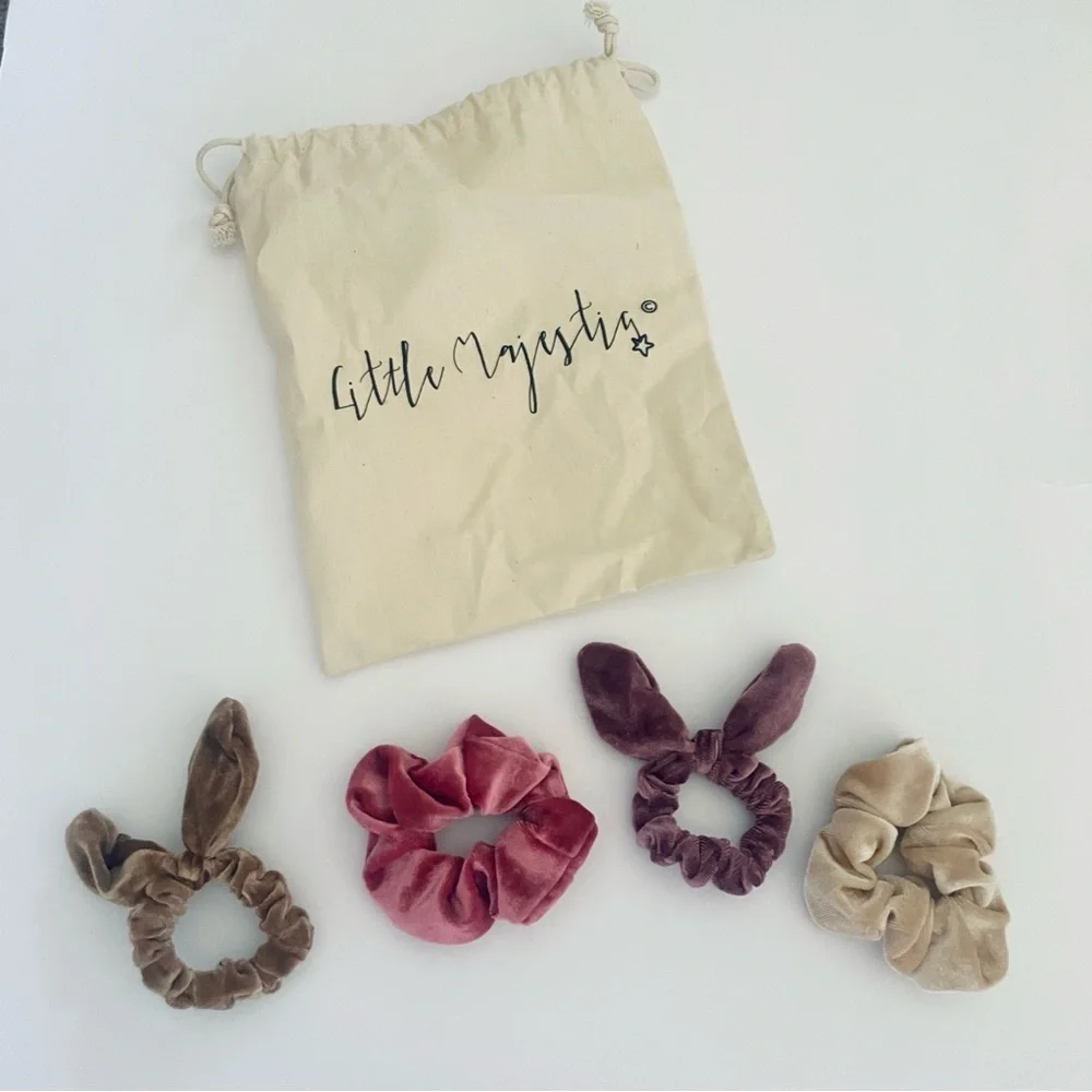 Little Majestic velvet hair scrunchie set of 4 with bag Bunny ears Hair ties new